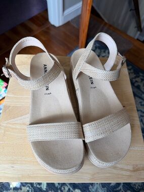 Anne Klein Neutral Beige Woven Ankle-Strap Sandals